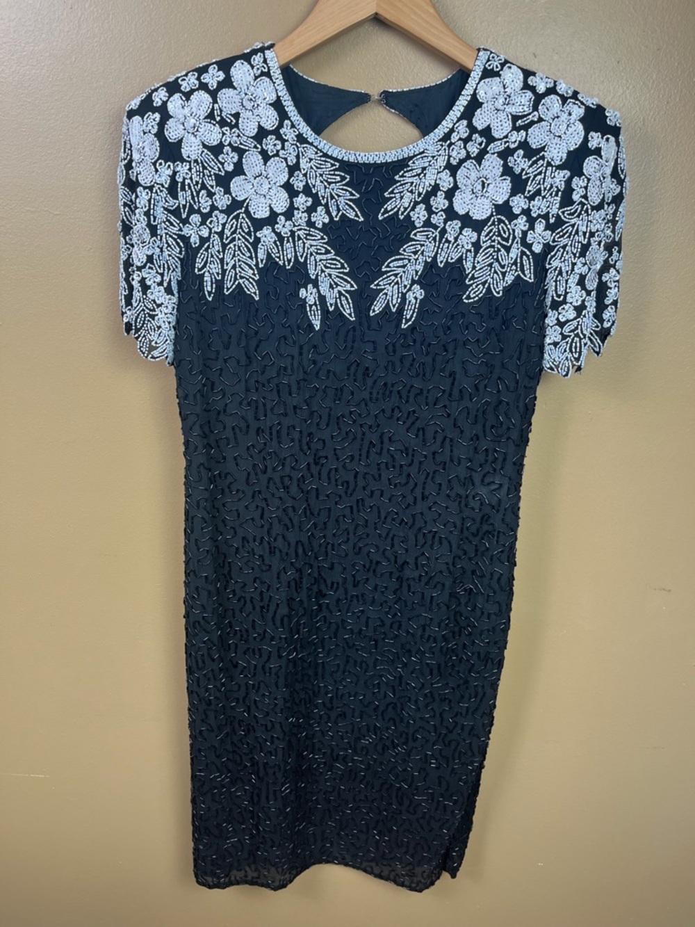 Vintage 80s Swee Lo Silk Beaded Floral Formal Cocktail Dress Size M